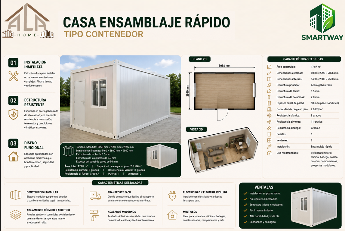 Ficha técnica Casa Contenedor — plano 2D, 3D y especificaciones