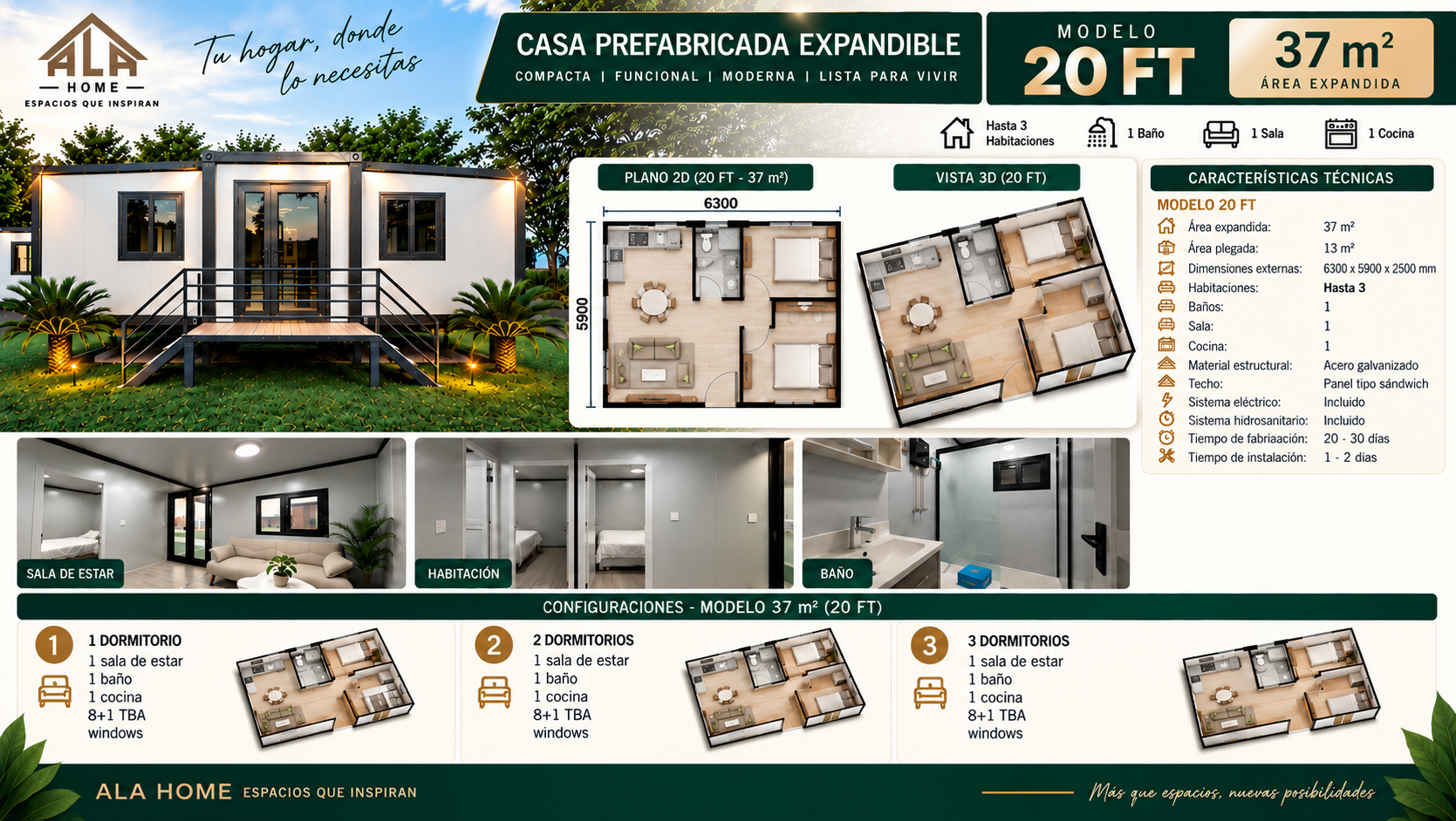 Ficha técnica 37 m² — Contenedor 20 pies