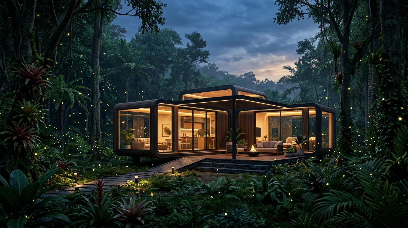Pod modular iluminado en bosque tropical al anochecer