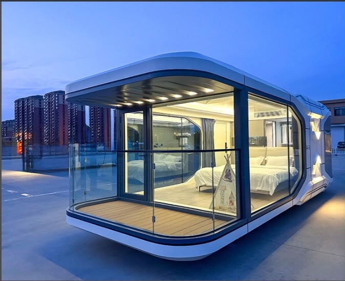 Cápsula Space iluminada al atardecer